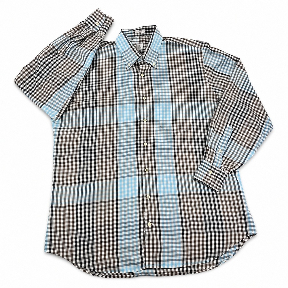 Peter Millar Check Button Down Shirt Blue Brown Large Mens Classic Cotton